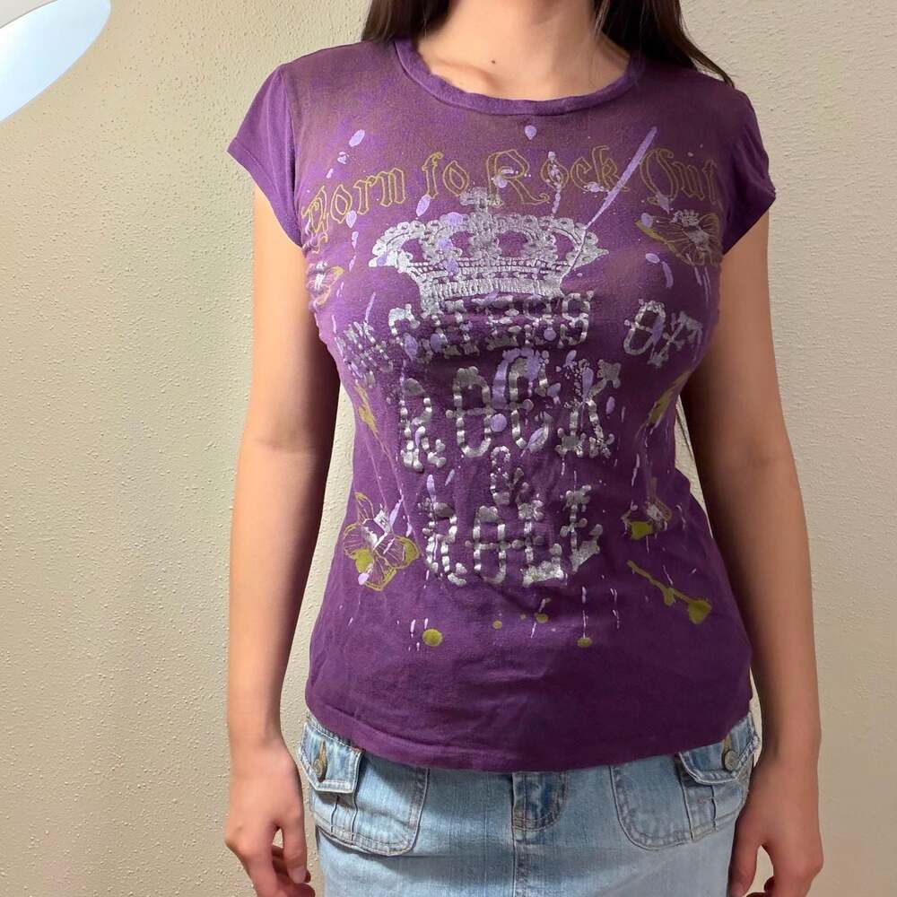 Max Rave Y2K 'Born to Rock Out' Purple Graphic Cap Sleeve T-Shirt